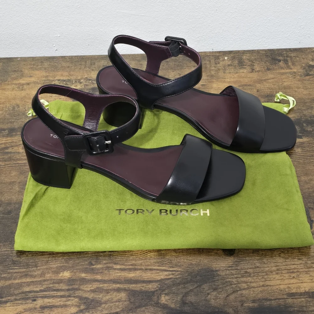Tory Burch Black Double T City 55MM Leather Block Heel Sandal Size 9
